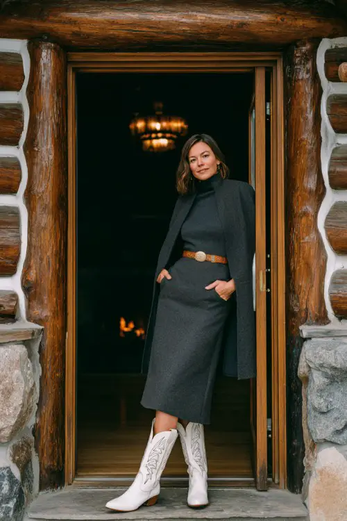 A woman over 40 wears a tailored wool midi dress in deep charcoal, cream cowgirl boots with subtle embroidery, and a matching wool cape with gold buttons