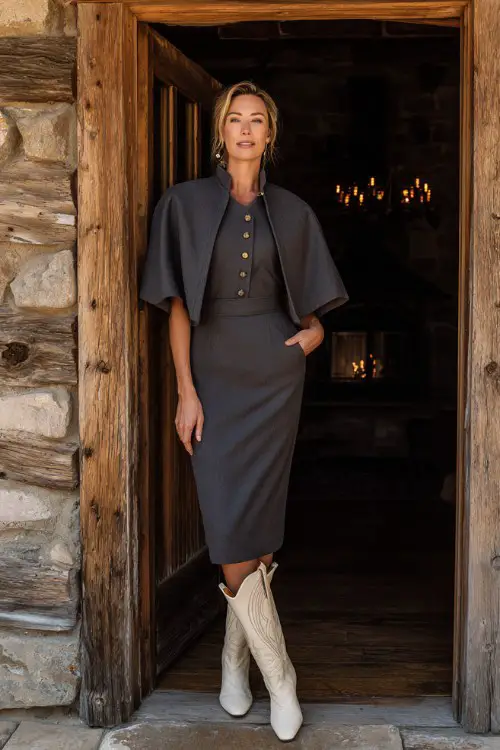 A woman over 40 wears a tailored wool midi dress in deep charcoal, cream cowgirl boots with subtle embroidery, and a matching wool cape with gold buttons