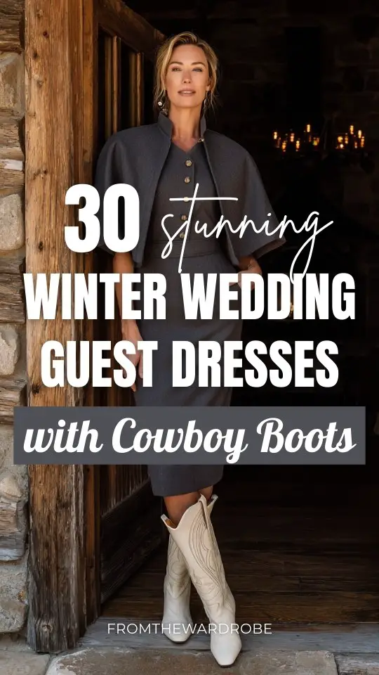 A woman over 40 wears a tailored wool midi winter wedding guestdress with cowboy boots, and a matching wool cape with gold buttons