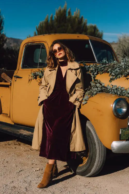 A woman over 40 wears a wine-colored velvet dress with a mock neck and flared sleeves, styled with a camel trench coat and heeled boots