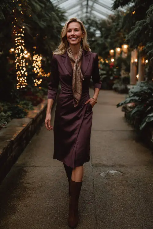 A woman over 40 wears a wrap midi dress in rich plum with structured shoulders, chocolate brown suede heeled boots, and a silk scarf