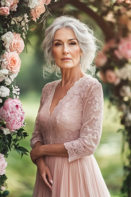 A woman over 50 in a blush pink tea-length dress with a bolero, standing under a floral wedding arch