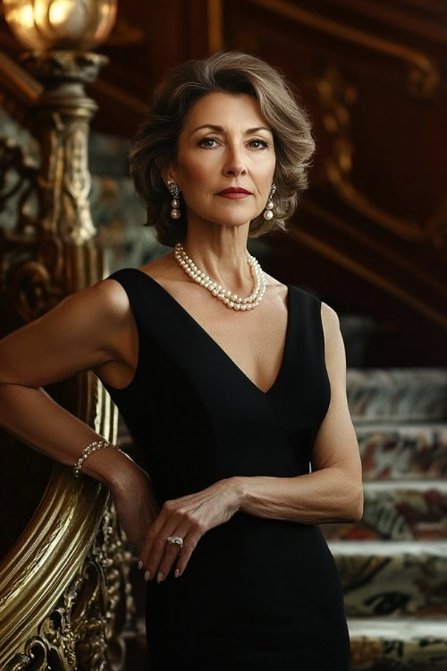 A woman over 50 in a classic black sheath dress with pearl jewelry, posing by an ornate staircase at a wedding