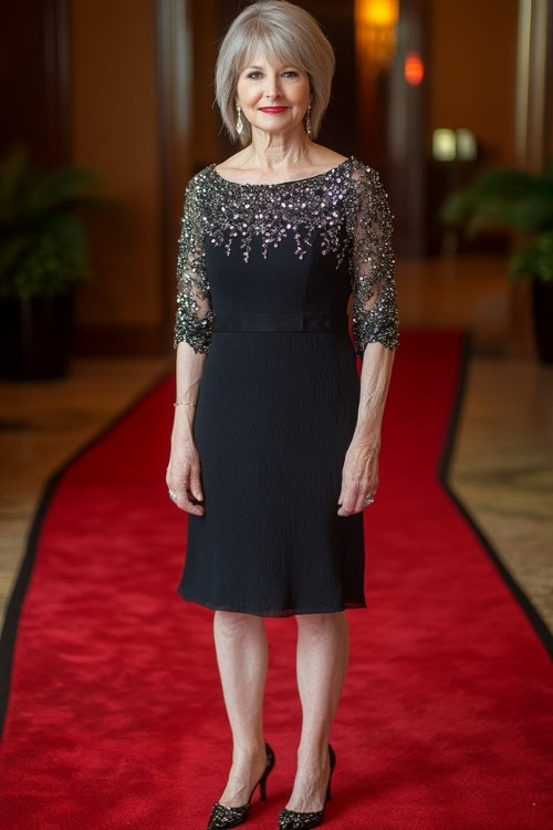 A woman over 50 in a knee-length black dress with embellished sleeves, standing on a red carpet at a formal wedding (2)