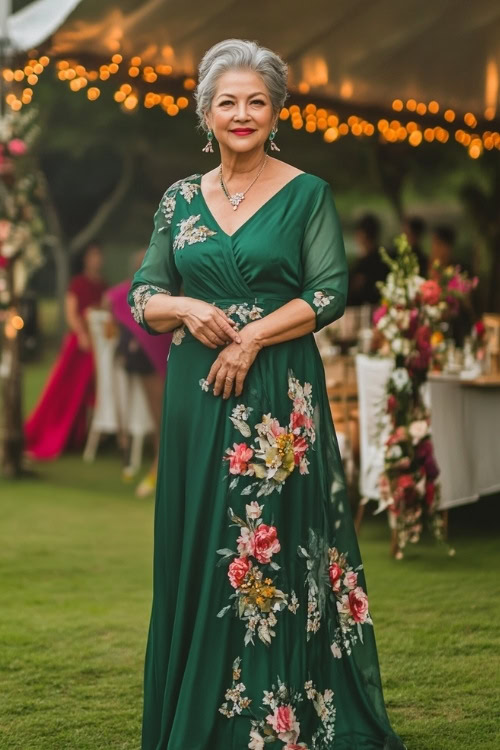 A woman over 50 in a knee-length emerald green dress with floral accents, standing in front of a decorated wedding marquee (2)