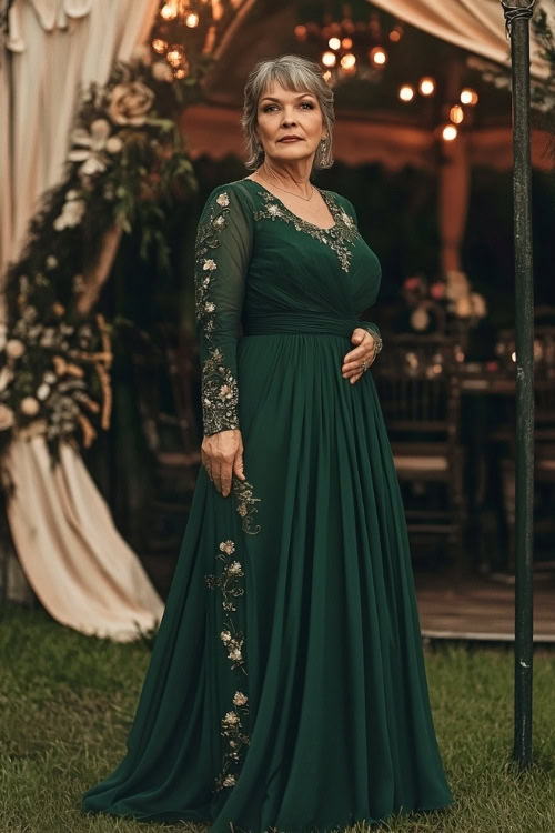 A woman over 50 in a knee-length emerald green dress with floral accents, standing in front of a decorated wedding marquee (3)