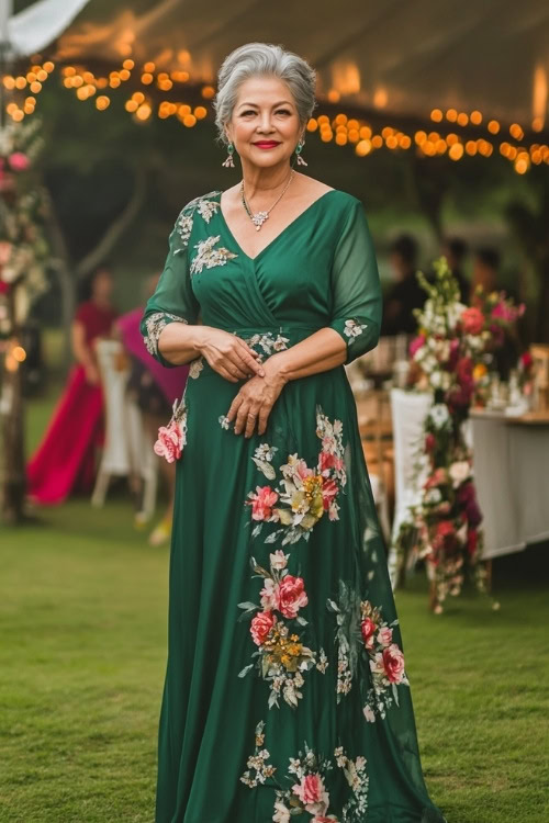 A woman over 50 in a knee-length emerald green dress with floral accents, standing in front of a decorated wedding marquee