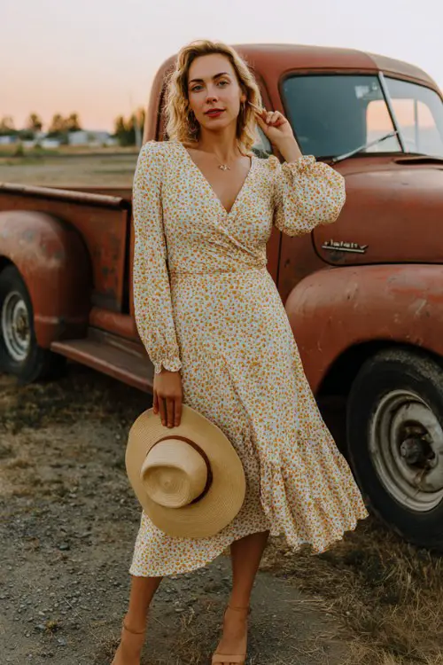 A woman over 50 in a ruffle hem wrap dress with tiny floral print and tan block heels