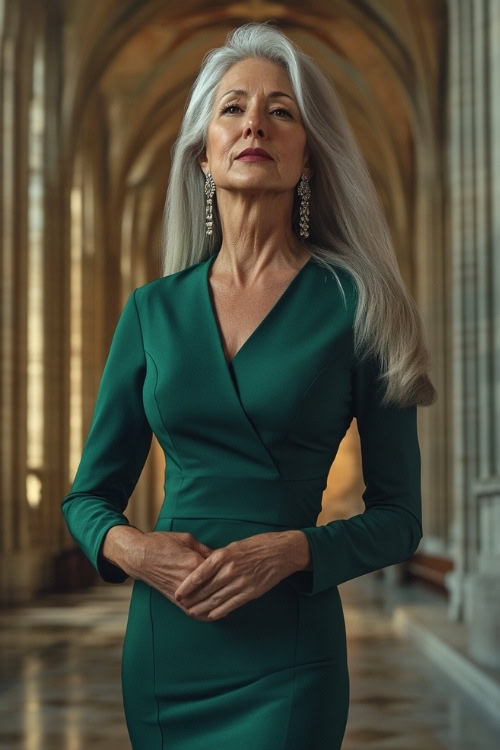 A woman over 50 in a sleek emerald green sheath dress with long earrings, posing in a grand cathedral