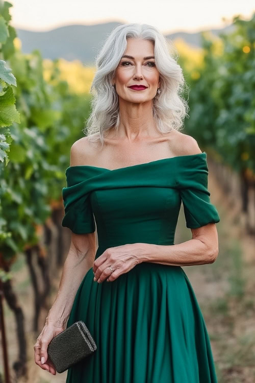 A woman over 50 in a tea-length emerald green dress with elbow-length sleeves, holding a clutch in an outdoor vineyard setting