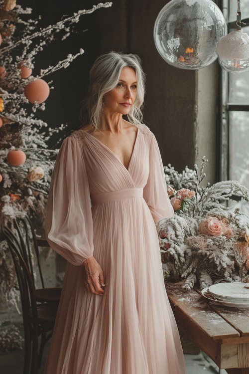 A woman over 50 wearing a blush pink A-line gown with sheer balloon sleeves,