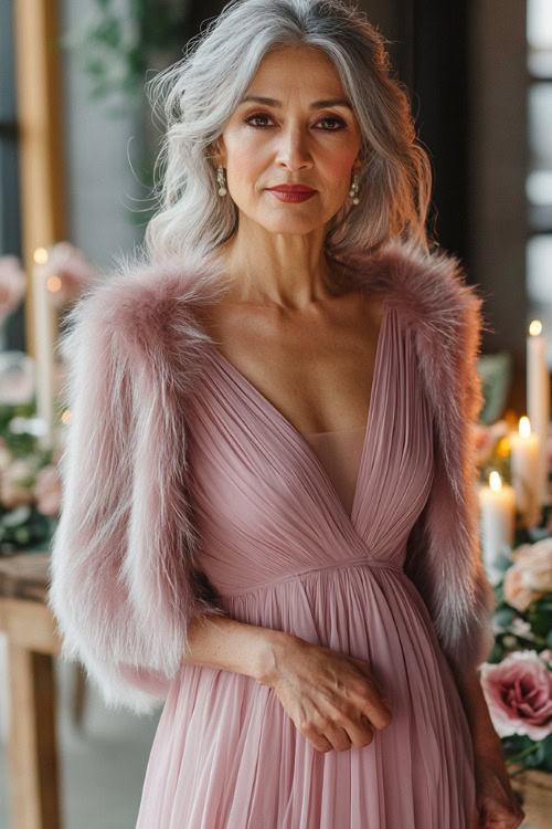 A woman over 50 wearing a blush pink maxi dress paired with a faux fur cropped jacket, standing near a wedding reception table adorned with candles and flowers