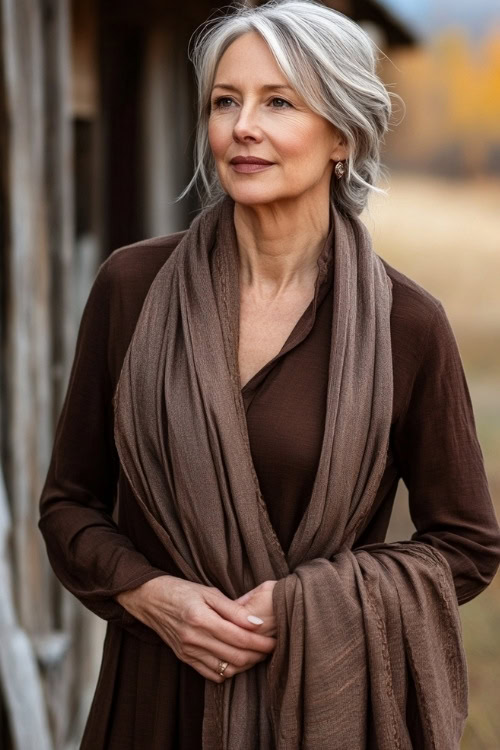 A woman over 50 wearing a chocolate brown A-line dress with a matching shawl, standing in a rustic outdoor setting