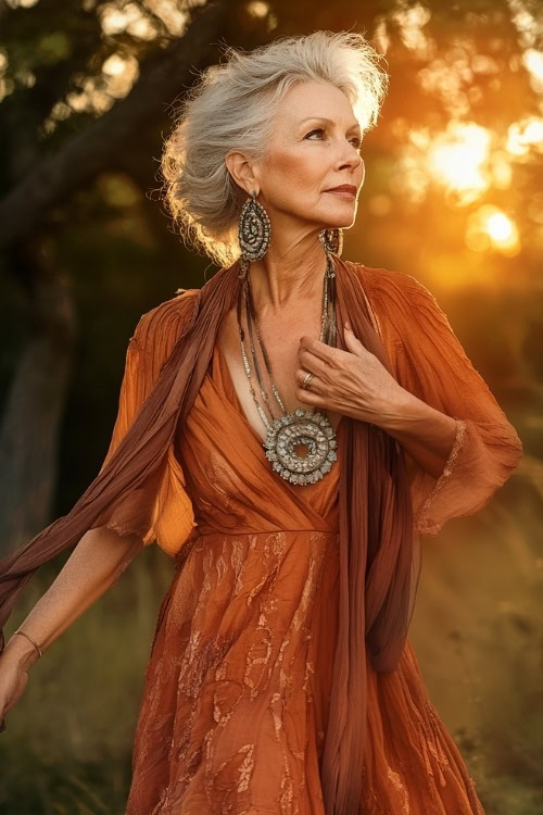 A woman over 50 wearing a copper-colored high-low dress with statement jewelry, standing under a golden sunset