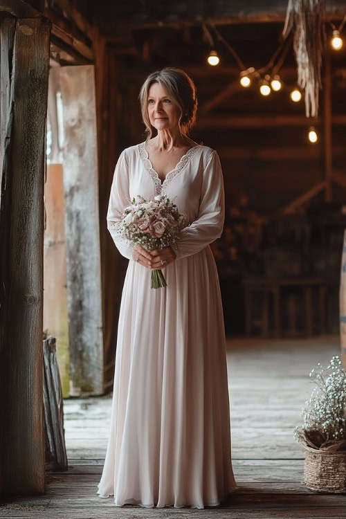 A woman over 50 wearing a modest A-line dress with bishop sleeves, standing in a rustic barn wedding setting