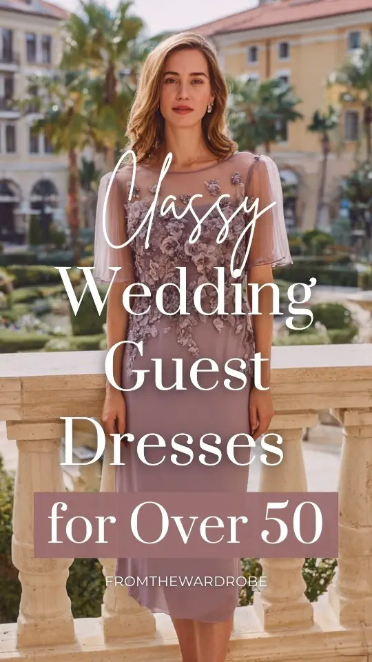 A woman over 50 wears a classy wedding guest dress with embroidered floral appliqué cascading from the shoulders to the hem