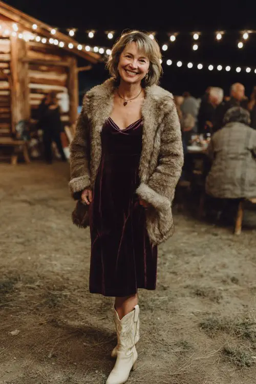 A woman over 50 wears a dark plum velvet dress with cream cowboy boots and a fur-trimmed coat