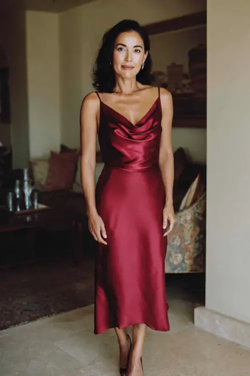 A woman over 50 wears a deep red satin midi dress with an elegant draped neckline and heels