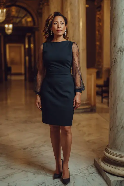 A woman over 50 wears a navy knee-length cocktail dress with sheer sleeves and pearl earrings and black pumps