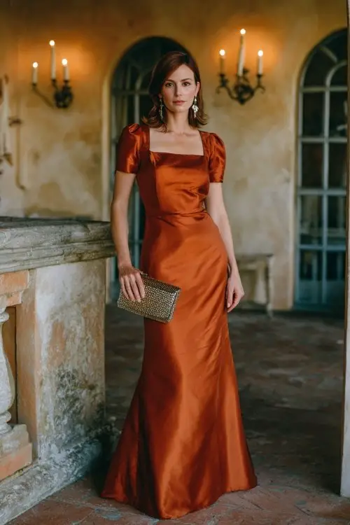 A woman over 50 wears a rich burnt orange satin gown with a square neckline, short sleeves, and a soft mermaid hem, accessorized with a metallic clutch and bold gold earrings