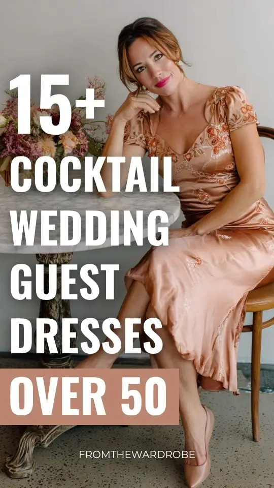 A woman over 50 wears a rose gold tea-length cocktail wedding guest dress with embroidered details and pumps