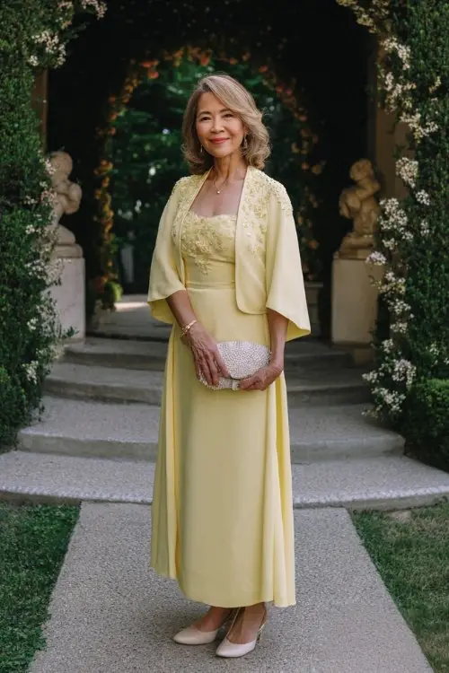 A woman over 50 wears a soft yellow A-line gown with flutter sleeves and floral embroidery on the bodice, paired with pearl heels and a beaded clutch