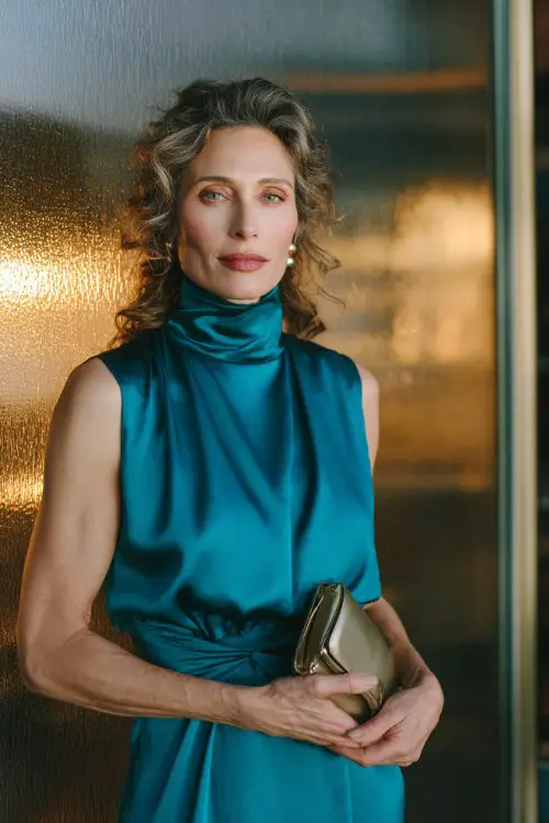 A woman over 50 wears a teal satin high-neck cocktail dress with a gathered waist and statement clutch