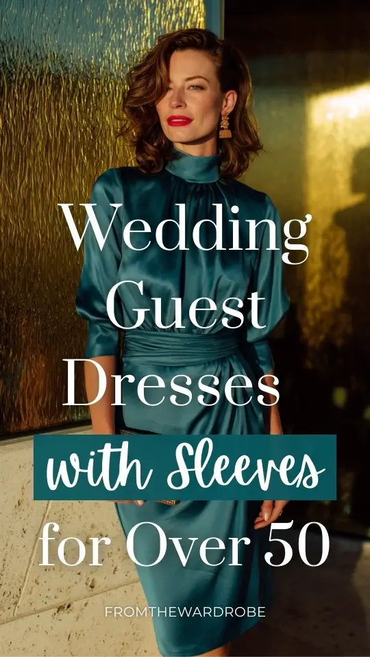 A woman over 50 wears a teal satin high-neck wedding guest dress with sleeves with a gathered waist and statement clutch