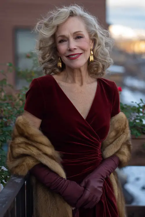 A woman over 50 wears a velvet wrap dress in dark red with matching gloves, a faux fur stole, and gold drop earrings