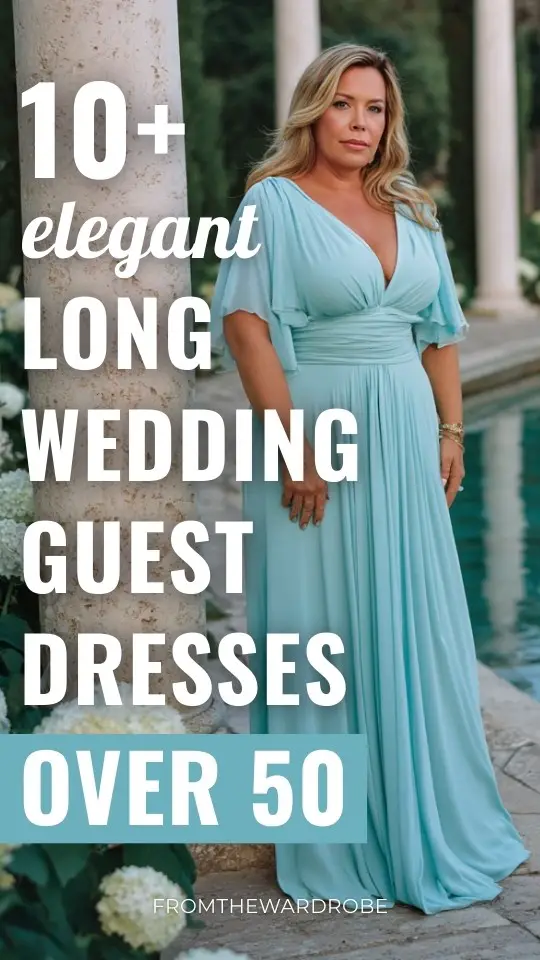 A woman over 50 wears an ice blue chiffon long weddingg guest dress with soft pleats, a V-neck wrap bodice, and sheer flutter sleeves