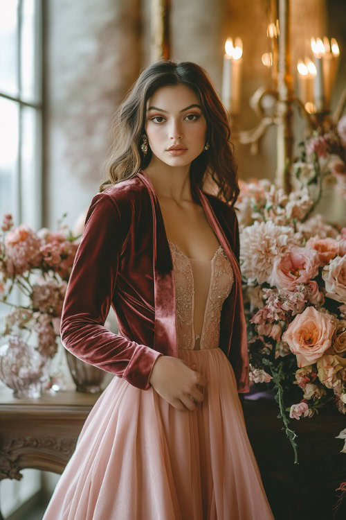 A woman wearing a blush pink gown styled with a cropped velvet jacket, standing near a floral centerpiece in a luxurious wedding venue