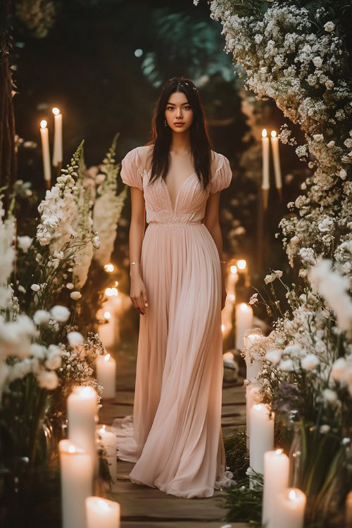 A woman wearing a blush pink maxi dress with flutter sleeves (2)