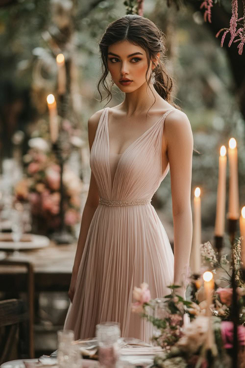 A woman wearing a blush pink short tea-length dress with subtle pleats