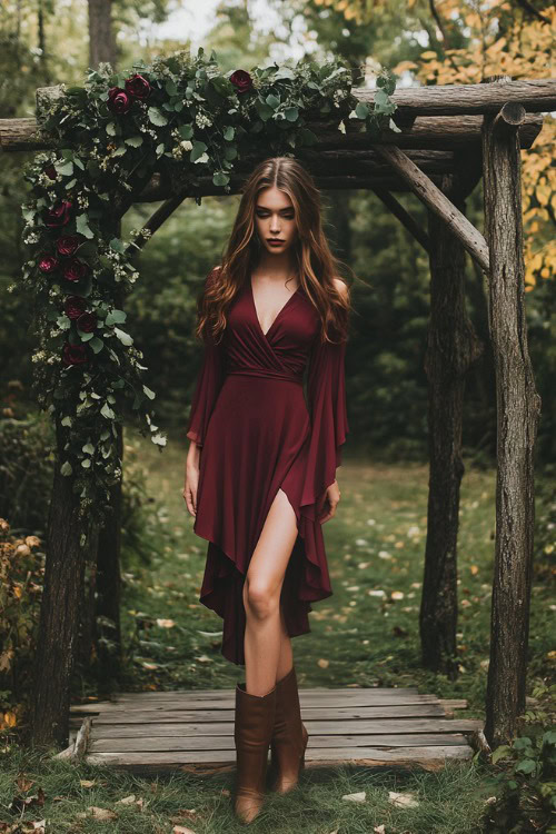 A woman wearing a burgundy wrap dress with a high-low hemline, styled with brown ankle boots