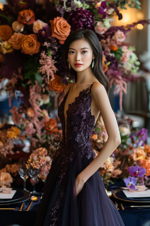 A woman wearing a dark plum dress with an asymmetrical hemline, standing near a floral centerpiece at an indoor wedding venue (2)