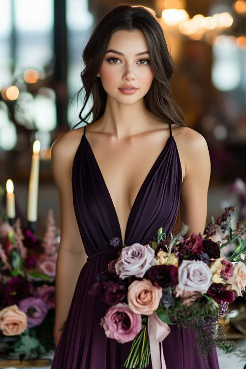 A woman wearing a dark plum dress with an asymmetrical hemline, standing near a floral centerpiece at an indoor wedding venue