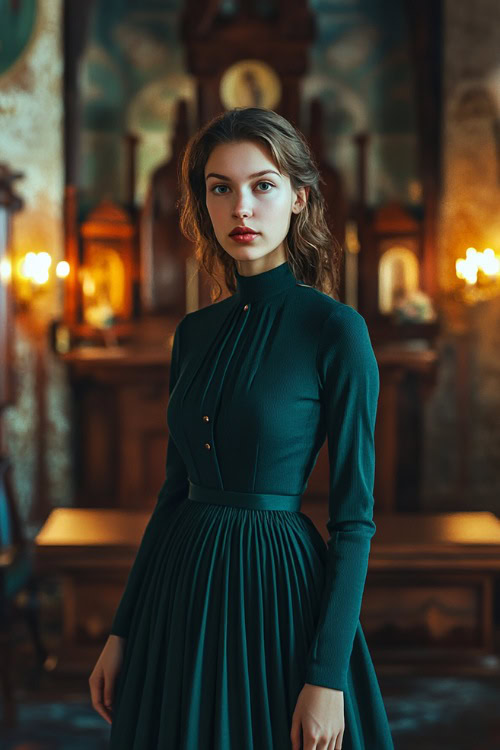 A woman wearing a dark teal wool midi dress with subtle pleats, posing near a warmly lit wooden wedding altar