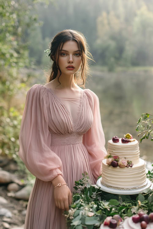 A woman wearing a dusty rose tea-length dress with long balloon sleeves