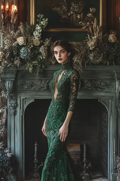 A woman wearing a forest green gown with a high neckline and sheer lace details