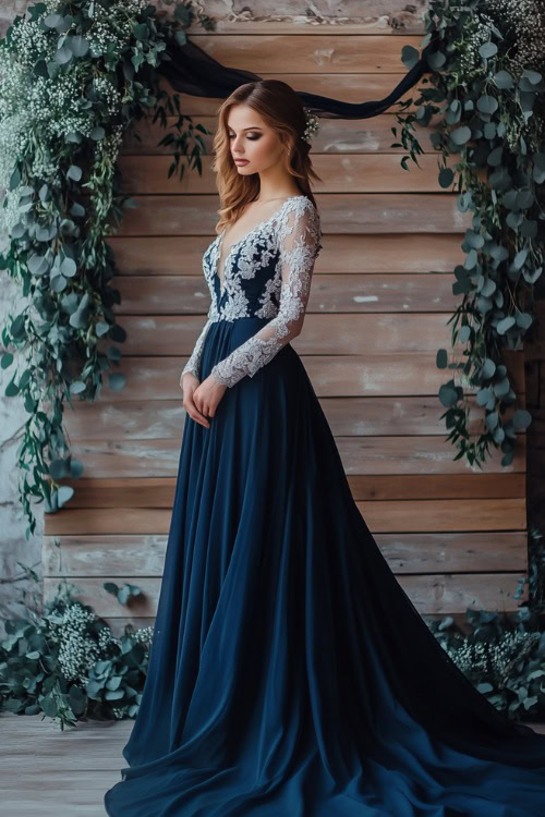 A woman wearing a navy A-line gown with sheer lace sleeves