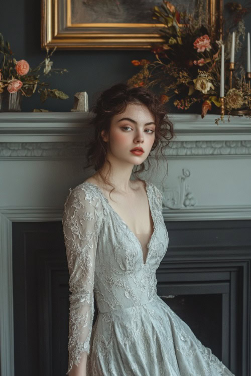 A woman wearing a pale silver A-line dress with long lace sleeves, posing by a cozy wedding fireplace with small floral decor