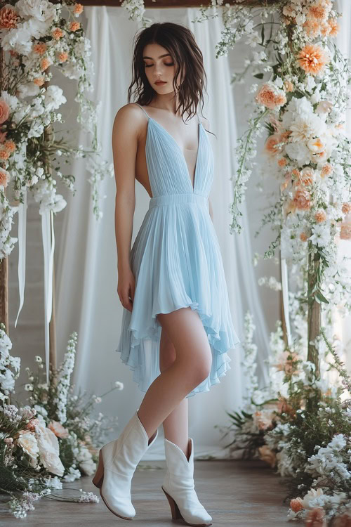 A woman wearing a pastel blue A-line dress with subtle pleats, styled with white cowboy boots, standing near a softly lit floral wedding arch indoors