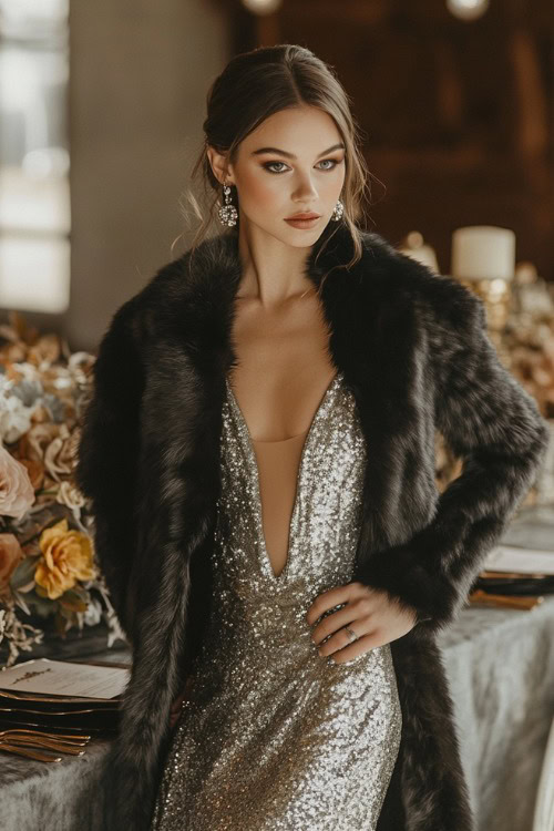 A woman wearing a silver high-low gown paired with a black faux fur jacket