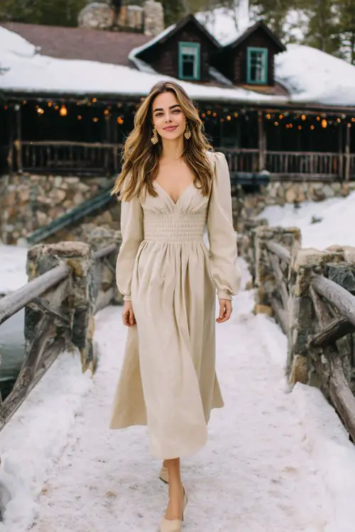 A woman wears a beige long-sleeve dress with a smocked bodice and flowing skirt, paired with low block heels and minimalist earrings
