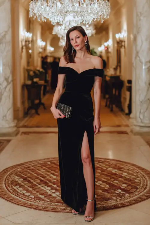 A woman wears a black off-shoulder velvet gown with a thigh-high slit and metallic heels, styled with a statement clutch and chandelier earrings