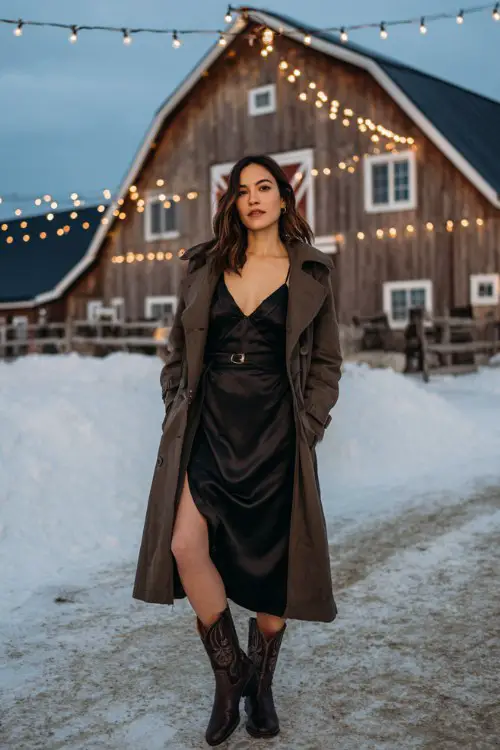 A woman wears a black satin slip dress under a belted wool trench coat, paired with dark brown western boots