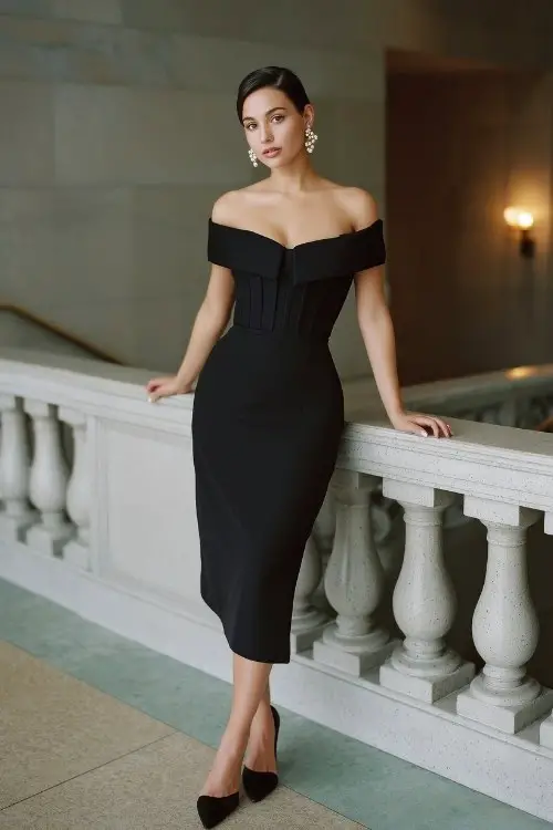 A woman wears a black wedding guest dress with an off-shoulder design for a formal wedding