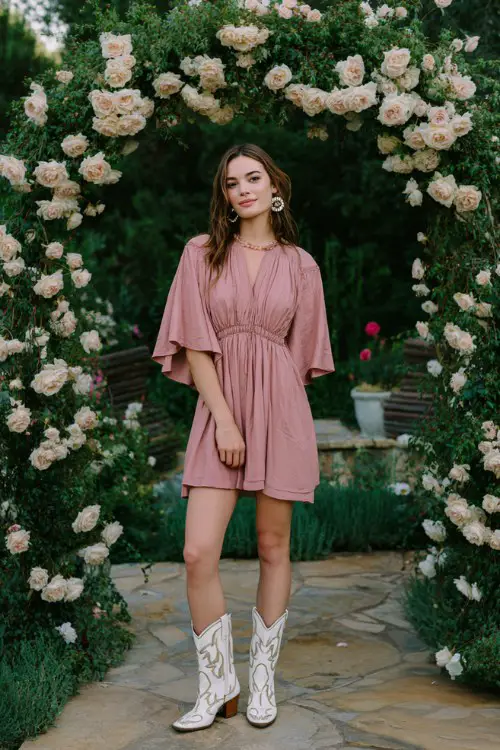 A woman wears a blush chiffon dress with flutter sleeves, white embroidered cowboy boots, and pearl earrings