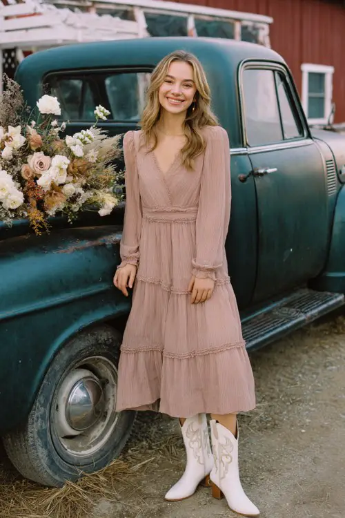 A woman wears a blush pink long-sleeve chiffon dress with a tiered skirt, paired with white cowboy boots