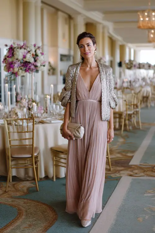 A woman wears a blush pink pleated gown with flutter sleeves and a metallic clutch, styled with a silver sequin jacket and silver heels
